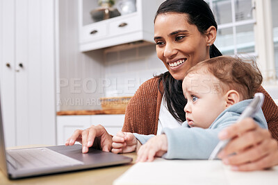 Buy stock photo Computer, baby and work from home mom writing, child care and planning business, job and family support in happy multitask. Laptop, typing and busy mother or freelance person with career and child