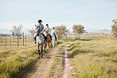 Buy stock photo Women, riding and horses in countryside for fitness, exercise and training for sport in nature. Together, group and friends with animal or pet in summer for sunshine, travel and freedom on trail