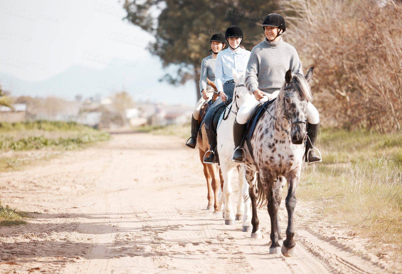 Buy stock photo Women, adventure and horses in countryside for fitness, exercise and training for sport in nature. Friends, group and together with animal or pet in summer for sunshine, travel and freedom on pathway