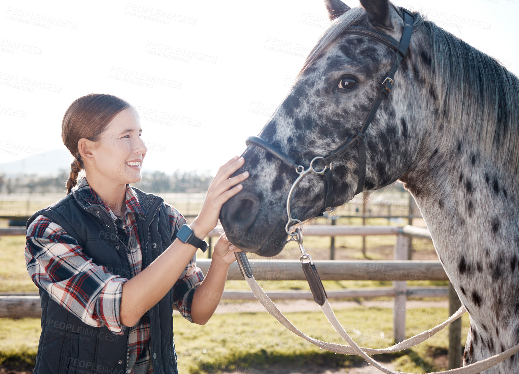 Buy stock photo Happy, woman and petting horse in nature for care, adventure and freedom on ranch. Equestrian, female person and young farmer with animal and smile for training and pet health in countryside of Texas