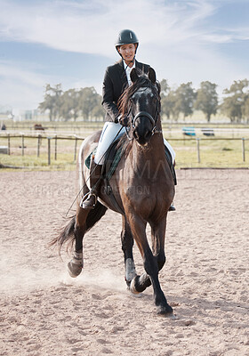 Buy stock photo Horse, walking and woman on ranch or farm for fitness, training and sport or competition. Event, animal and female jockey in countryside for course, dressage and performance in arena in Texas 