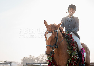 Buy stock photo Horse, flowers and portrait of woman on ranch for fitness, training and competition or event. Sunshine, animal and jockey with garland in countryside for course, dressage and performance in Texas 