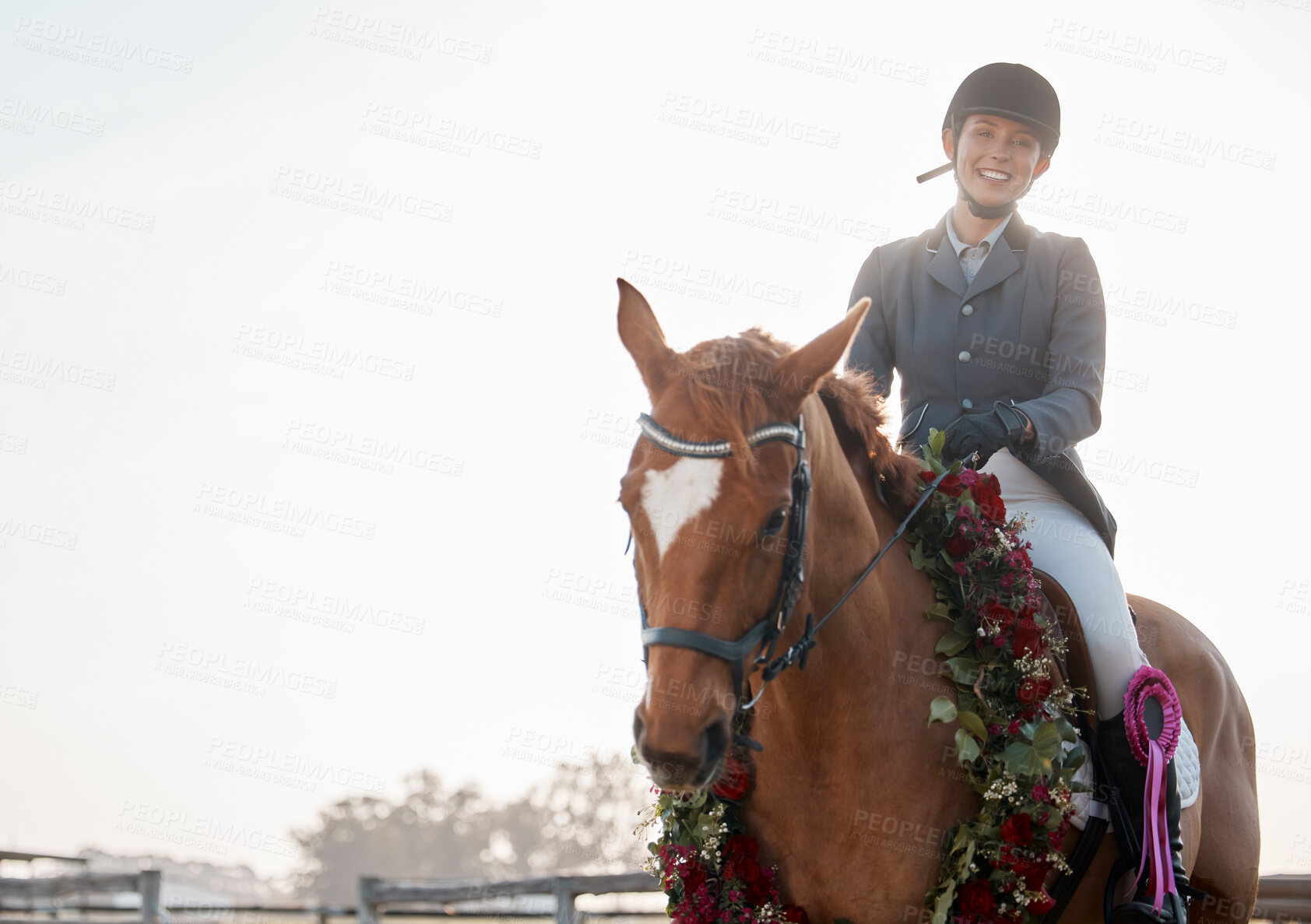 Buy stock photo Horse, flowers and portrait of woman on ranch for fitness, training and competition or event. Sunshine, animal and jockey with garland in countryside for course, dressage and performance in Texas 