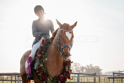 Buy stock photo Horse, winner and equestrian on ranch for fitness, event and sport competition with ribbon. Garland, animal and female jockey in countryside for woman, dressage and performance on farm or arena  