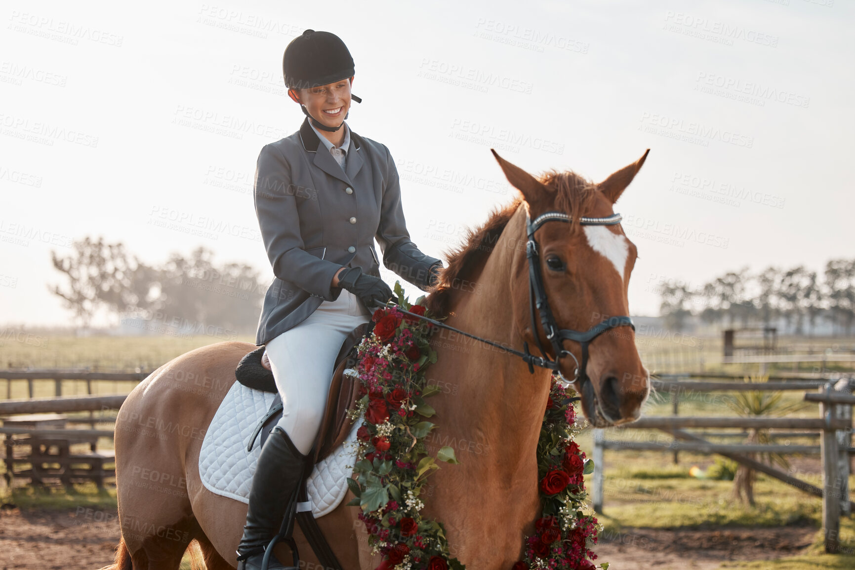 Buy stock photo Horse, woman and sunshine on ranch or farm for fitness, training and sport or competition. Event, animal and female jockey with flowers in countryside for course, dressage and performance in Texas 