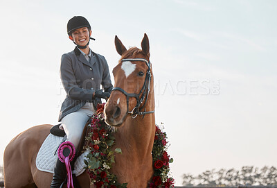 Buy stock photo Woman, achievement and horse on farm for event, ribbon and flowers for competition. Garland, animal and female sportsman in countryside for course, dressage and performance on ranch in Texas 