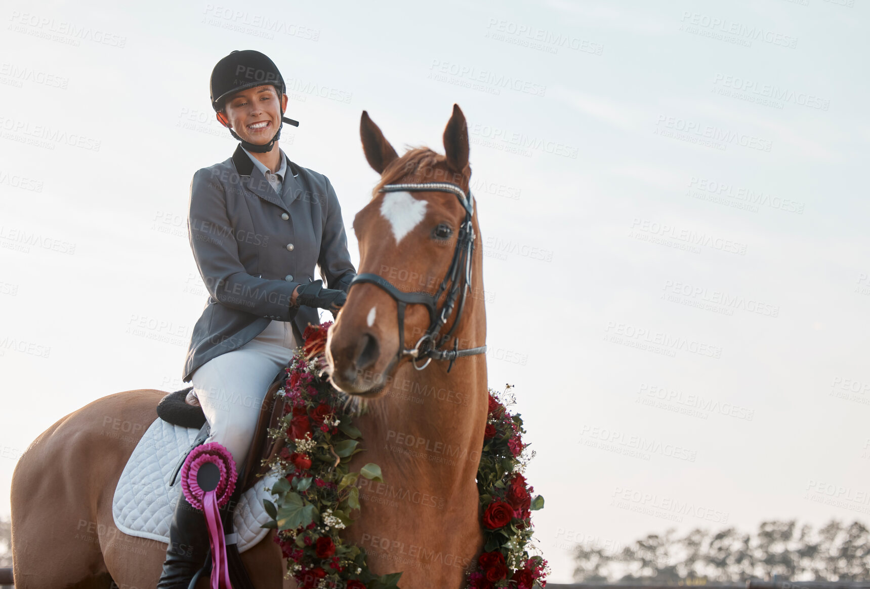 Buy stock photo Woman, achievement and horse on farm for event, ribbon and flowers for competition. Garland, animal and female sportsman in countryside for course, dressage and performance on ranch in Texas 