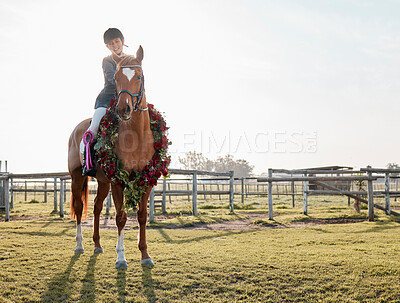 Buy stock photo Woman, show and horse on farm for competition, training and sport or event in nature. Achievement, animal and female sportsman in countryside for dressage and flowers for performance in Texas