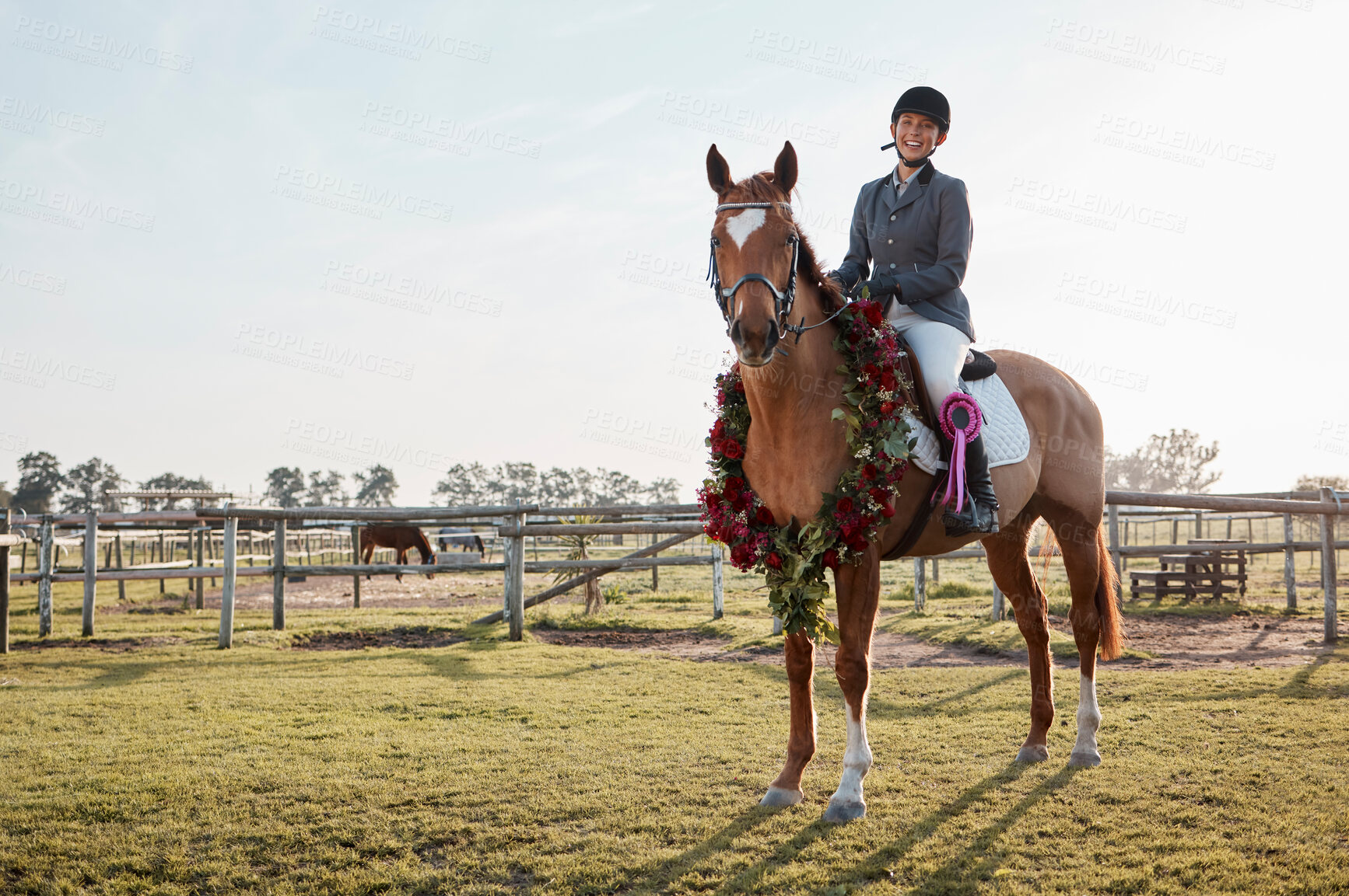 Buy stock photo Horse, portrait and woman on farm for winning, event and sports competition with achievement. Fitness, animal and flowers or garland in countryside for course, dressage and performance with smile 