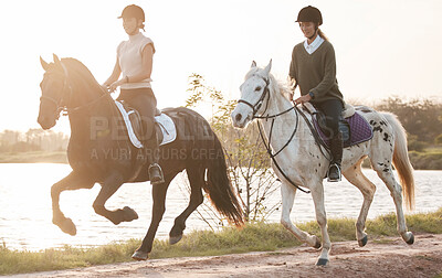 Buy stock photo River, women and horses in countryside for riding, freedom and recreation for adventure as friends. Farm, females equestrian and stallion for training, equine sport and bonding with animals outdoor