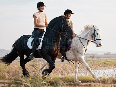 Buy stock photo Equine, women and horses in countryside for riding, freedom and recreation for adventure as friends. River, females equestrian and stallion for training, sport and bonding with animals in farm