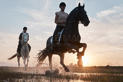 Buy stock photo People, women and portrait in river for horse riding, race and recreation for adventure for friends. Farm, females equestrian and stallion for training, equine sport and bonding with animals by flare