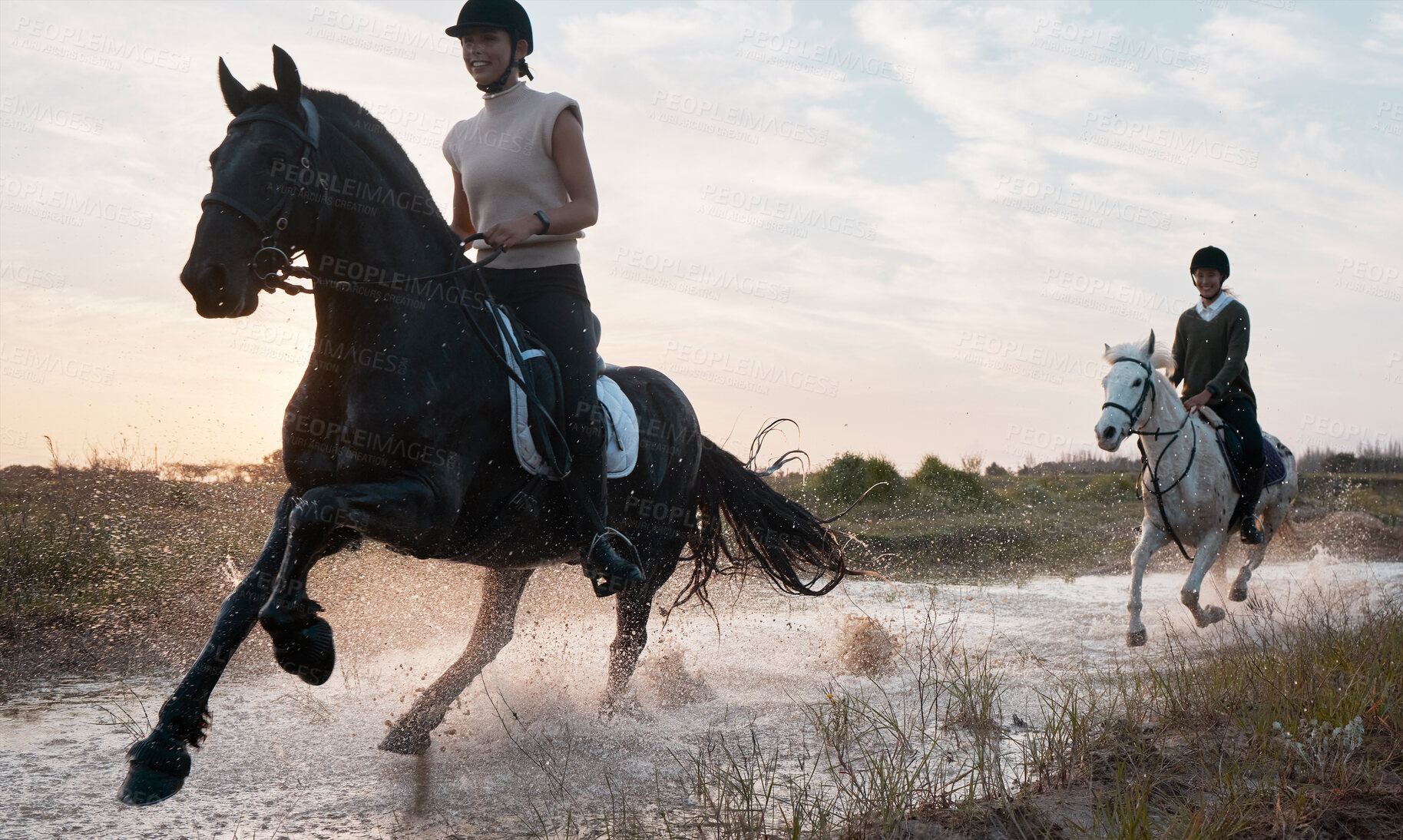 Buy stock photo Friends, horse riding and women in countryside for training, activity or adventure. Sports, river and equestrian people with animals in nature for travel, journey and competition by sunset  