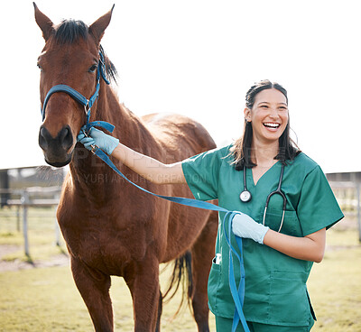 Buy stock photo Veterinarian, horse and care on countryside farm, medical employee and animal healthcare checkup on ranch. Professional, rehabilitation and wellness or veterinary expert, doctor and illness diagnosis