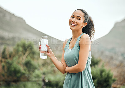 Buy stock photo Woman with water bottle, smile in portrait outdoor with fitness, hydration and health with mockup space. Happy female person workout in nature, h2o drink and wellness with healthy active body