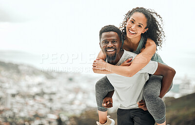 Buy stock photo Happy couple in portrait, piggyback and hiking outdoor with smile and fitness with interracial people. Mockup space, workout together and trekking, black man with woman and happiness in relationship