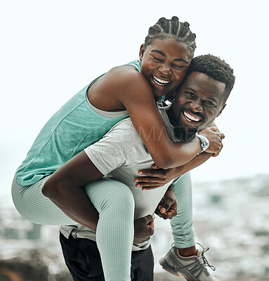 Buy stock photo Black people, piggyback and couple hiking outdoor with smile and fitness in portrait. Excited, travel and workout together with trekking, man with woman and happiness in relationship with exercise