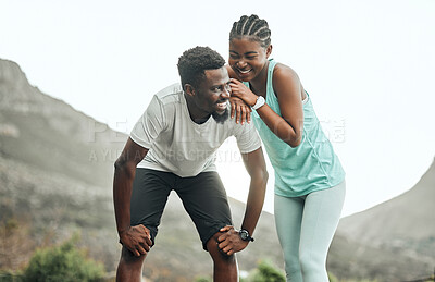 Buy stock photo Fitness, laughing and nature with runner couple outdoor in mountains together for cardio training. Exercise, funny or marathon with African man and woman having fun for bonding, love or running