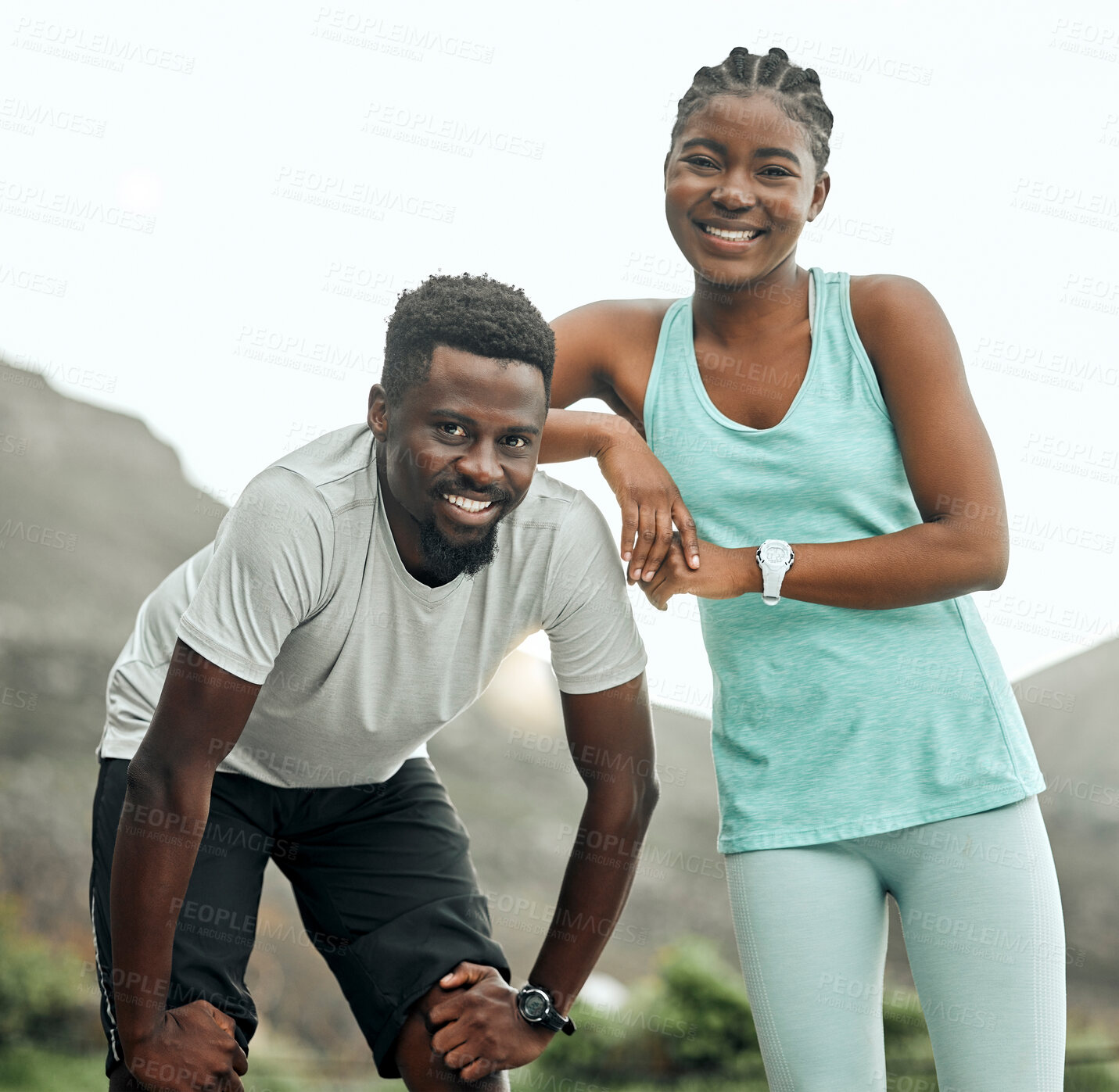 Buy stock photo Fitness, nature and portrait with runner couple outdoor in mountains together for cardio training. Exercise, marathon or smile with happy African man and woman bonding for love, running or sports