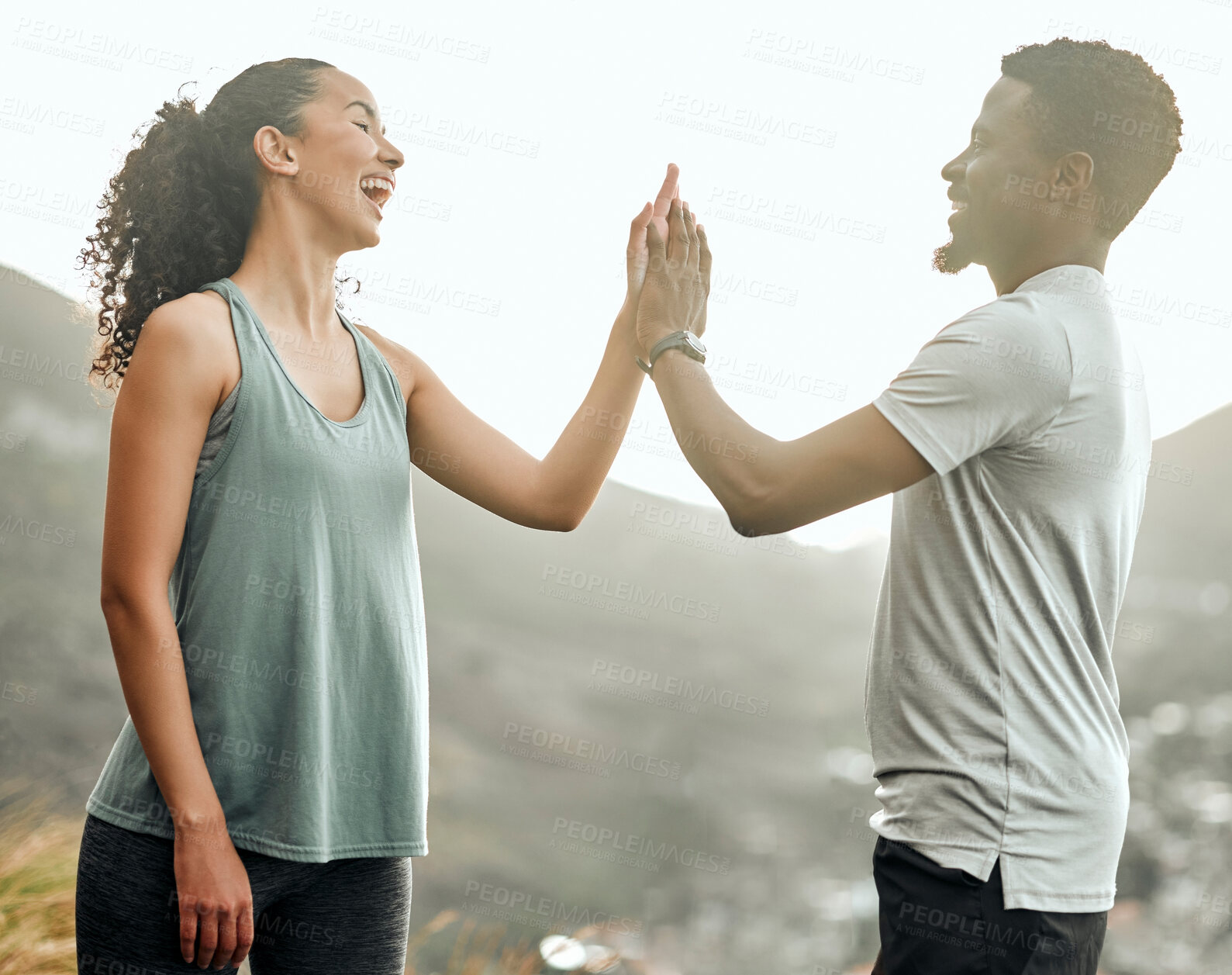 Buy stock photo Happy, fitness and couple with high five outdoor for well done, good job and success of physical workout or cardio. Man, woman and together with hand gesture for support, motivation and training goal