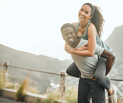 Buy stock photo Couple outdoor, happy with piggyback and fitness, smile in portrait and interracial people train together. Mockup space, health and black man with woman, trust in relationship and exercise in nature