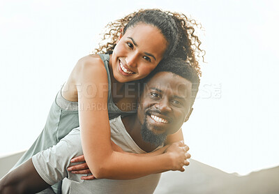 Buy stock photo Couple outdoor, happy in portrait with piggyback and fitness, interracial people smile and train together. Mockup space, health and black man with woman, trust in relationship and exercise in nature