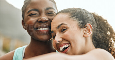 Buy stock photo Portrait, laughing and friends outdoor for fitness, exercise or workout together for health in nature. Sport, diversity and face of happy women training, bonding or girls in conversation for wellness