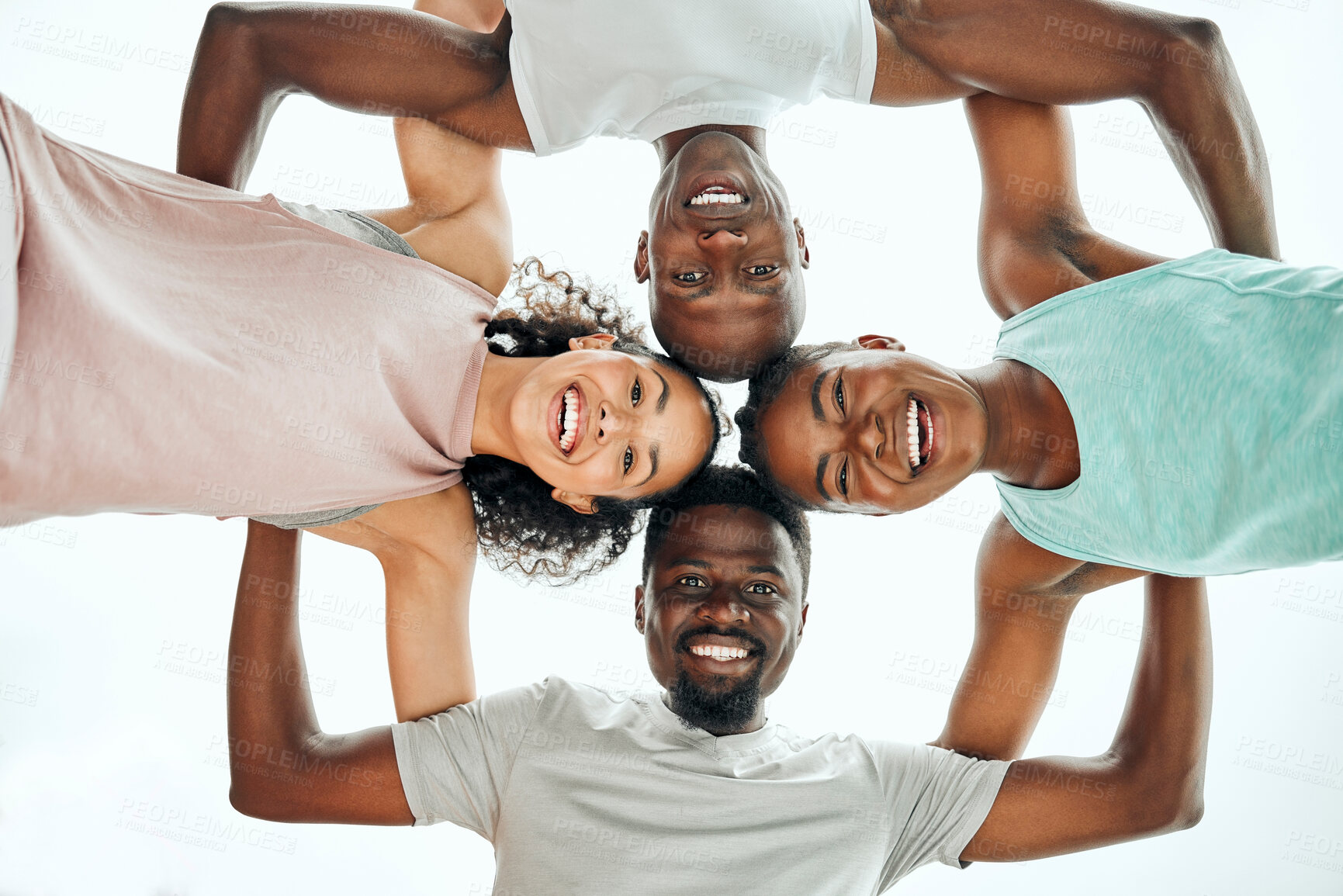 Buy stock photo Sky, huddle and portrait of people with fitness for teamwork, support or running motivation in nature. Low angle, diversity and group of friends with smile for synergy, community or race in morning