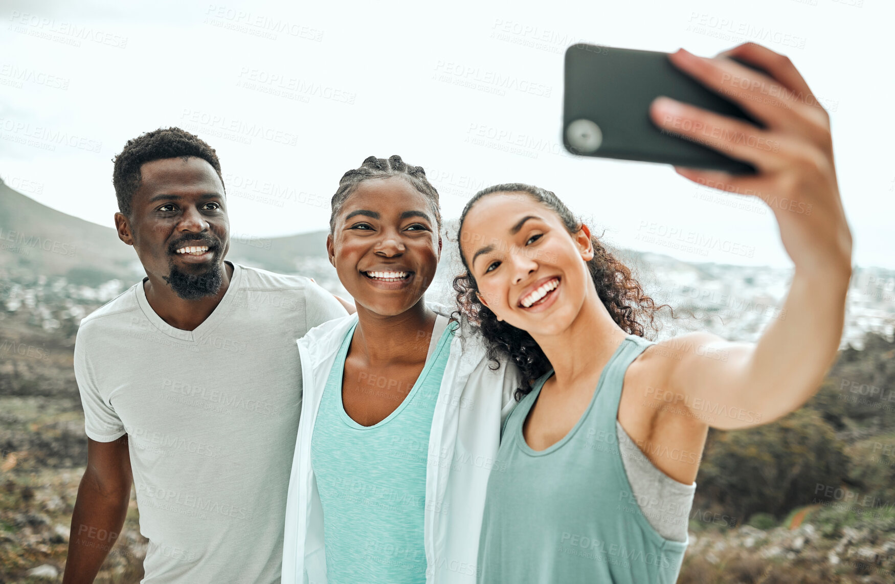 Buy stock photo Group, selfie and friends outdoor for fitness, exercise or workout together for healthy body in nature. Sport, diversity and picture of happy people in photo for team training, bonding and wellness