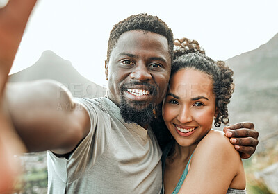 Buy stock photo Happy, couple and outside for fitness selfie, smile pov and sports training with people together for mountain hike. Hiker, vlogging for online post or streaming for body wellness, memory and picture