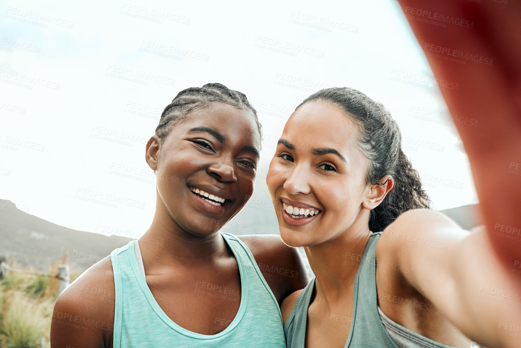 Buy stock photo Portrait, selfie and happy friends outdoor for fitness, exercise or workout together for health in nature. Sport, diversity and face of women in picture for training, bonding or funny girls laughing