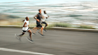 Buy stock photo Running, men and team in motion blur for workout, exercise and sport in outdoor for fitness or wellness. Male people, runners and nature for practice, race or recreation as athlete, training and run