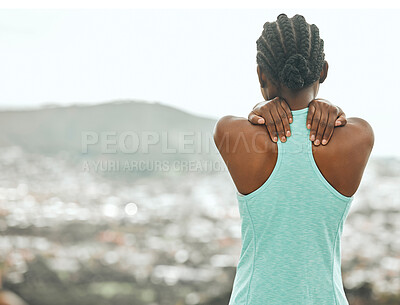 Buy stock photo Woman, back and shoulder pain outside, fitness injury and muscle tension in athlete or runner. Wellness, accident and joint or medical emergency for sports workout, injured and tender outdoor