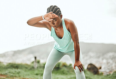 Buy stock photo Fitness, sweat and tired black woman in nature with exercise burnout, challenge or intense body performance. Sports, pause or girl runner outdoor for training, break and breathing, control or fatigue