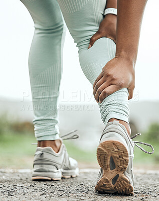 Buy stock photo Woman, back and leg pain outside, fitness injury and muscle tension in athlete or runner. Wellness, accident and joint or medical emergency for sports workout, injured and tender calf outdoor