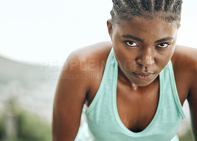 Buy stock photo Fitness, portrait or tired black woman breathing in nature with exercise burnout, challenge or performance. Sports, pause or sweaty girl runner outdoor with training resilience, break or endurance