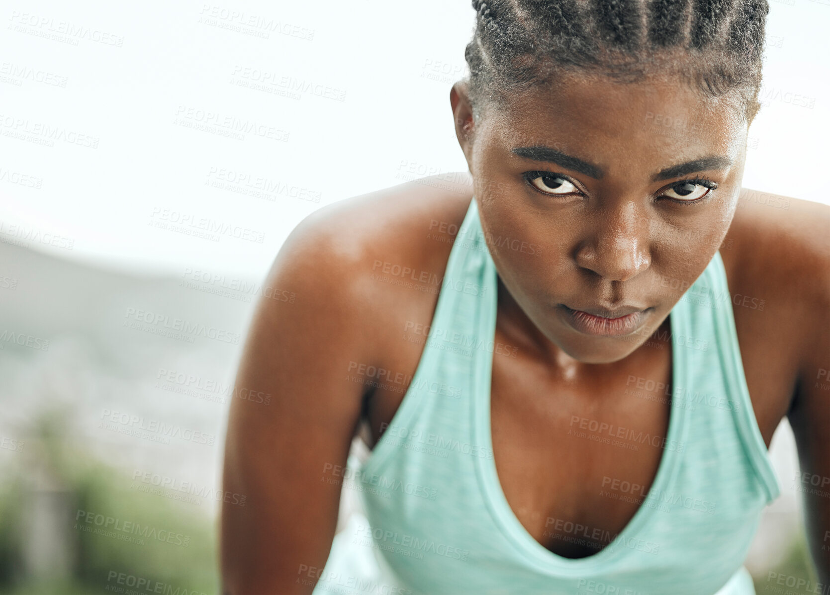 Buy stock photo Fitness, portrait or tired black woman breathing in nature with exercise burnout, challenge or performance. Sports, pause or sweaty girl runner outdoor with training resilience, break or endurance