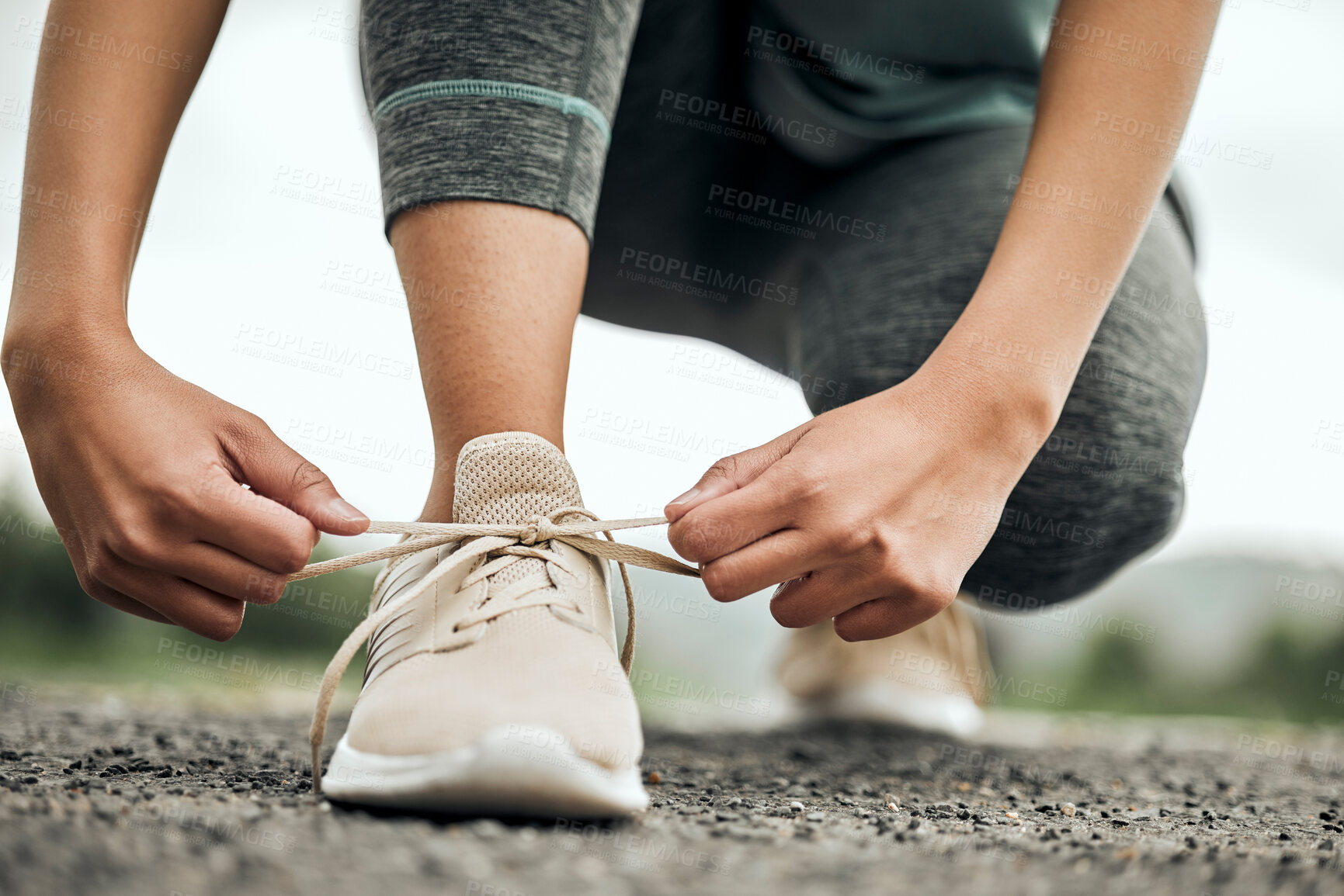 Buy stock photo Shoes, run and a sports woman tying laces outdoor during a fitness workout for endurance or cardio. Exercise, health and training with a female athlete fastening footwear getting ready for running