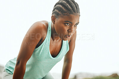 Buy stock photo Fitness, thinking or tired black woman breathing in nature with exercise burnout, challenge or body performance. Sports, pause or sweaty girl runner outdoor with training resilience, break or mindset