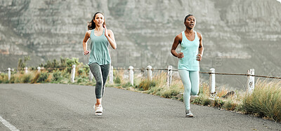 Buy stock photo Running, road and fitness women in nature for marathon, training and speed, challenge or performance outdoor. Body, sports and runner friends in a street for cardio action, wellness and exercise