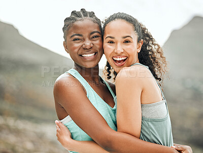 Buy stock photo Fitness, women and lesbian couple in outdoor with smile, hug and portrait for exercise and workout routine. Relationship, interracial and happy in love with hug for support, care and trust for health
