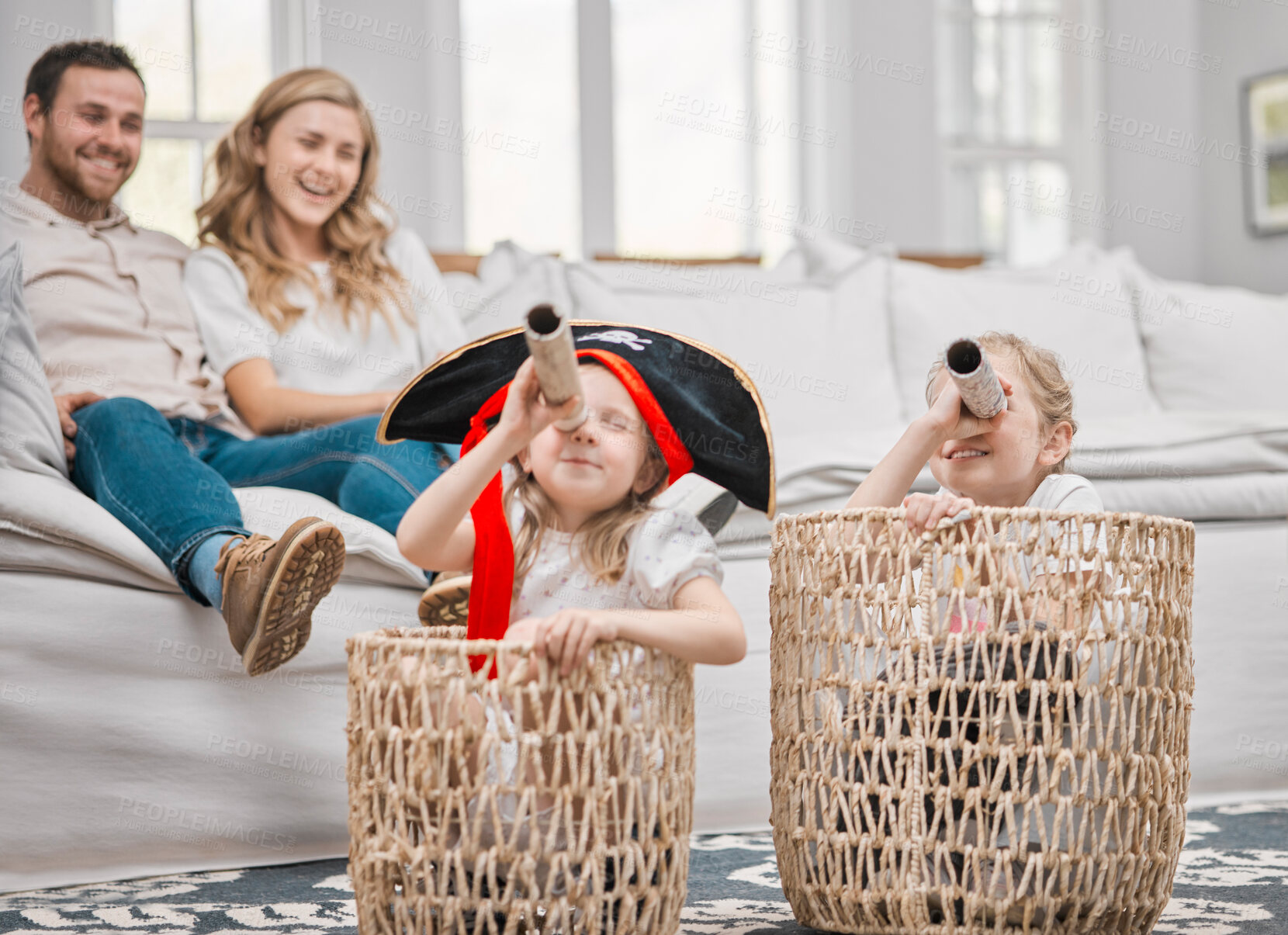 Buy stock photo Children, house and pirate hat with spyglasses on bed for playing, fantasy and games as creativity. Family, basket and boy with paper telescope in lounge for fun, bonding and halloween activity