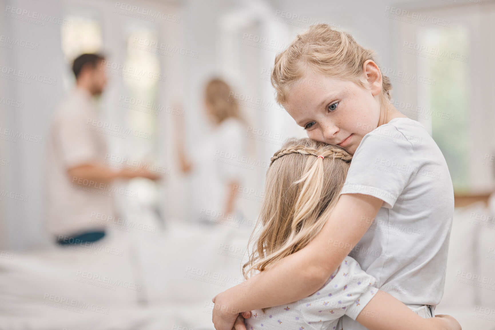 Buy stock photo Divorce, hug and children on sofa with parents in argument for conflict, disagreement or fighting in living room. Young girls, angry woman with man for misunderstanding, distrust or affair in home