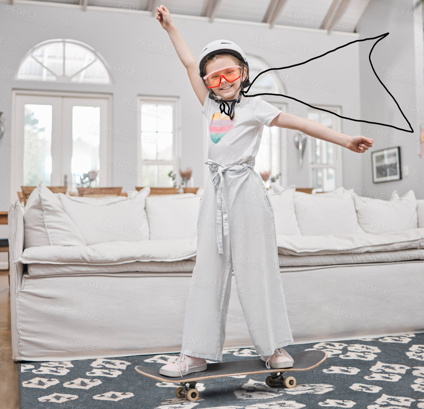 Buy stock photo Girl, happy and play superhero in home with helmet, glasses and skateboard for fantasy as movie character. Child, smile and illustration portrait with scifi costume for flying, games and power