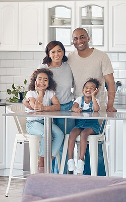 Buy stock photo Family, portrait and happiness in home with mother, parents and kids together. Parental love, smile and dad with daughters and children in house kitchen with support and bonding care with relaxation