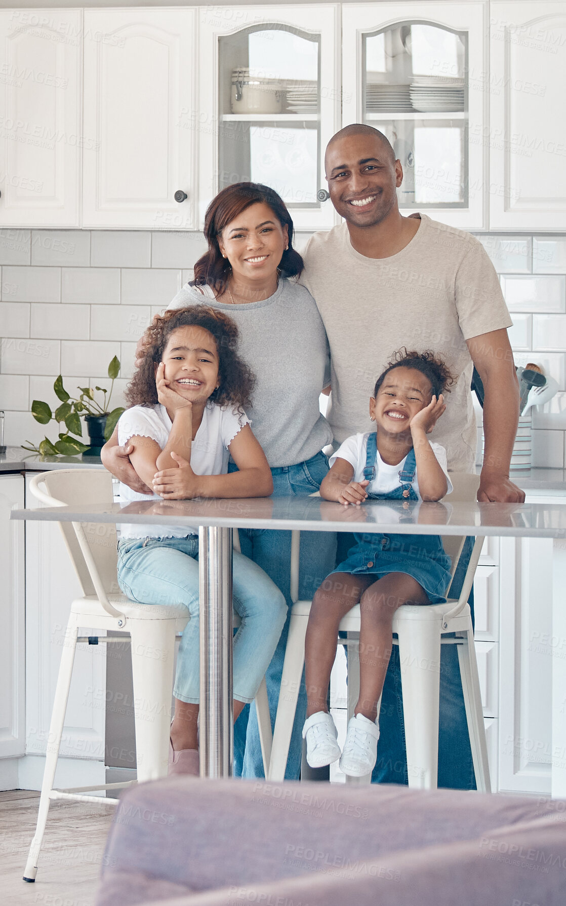 Buy stock photo Family, portrait and happiness in home with mother, parents and kids together. Parental love, smile and dad with daughters and children in house kitchen with support and bonding care with relaxation