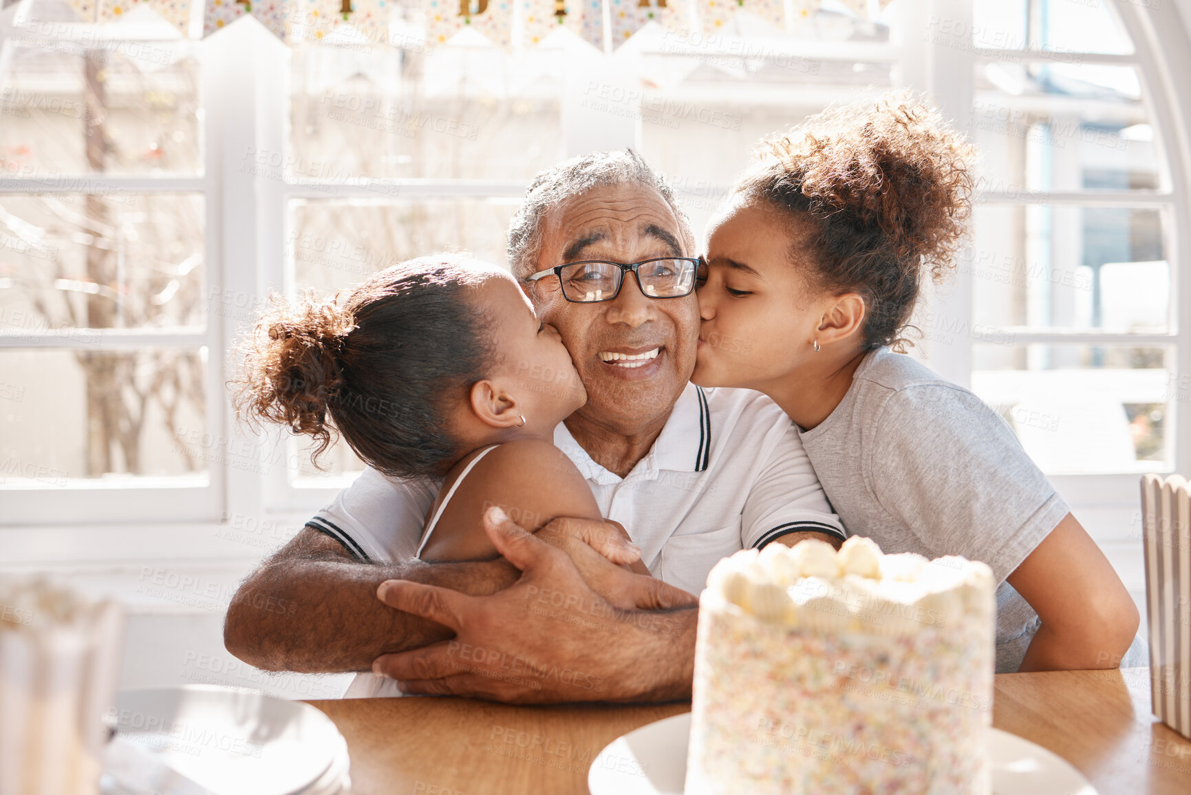 Buy stock photo Children, kiss and grandfather with portrait in house for celebration, surprise and memory at birthday. Happy girls, cake and senior man in home as family for party, congratulations and love together