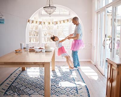 Buy stock photo Home, girl and dancing on feet of dad for birthday celebration, parent support and teaching ballet. Ballerina daughter, father and dance lesson for growth, happy bonding and energy steps with love