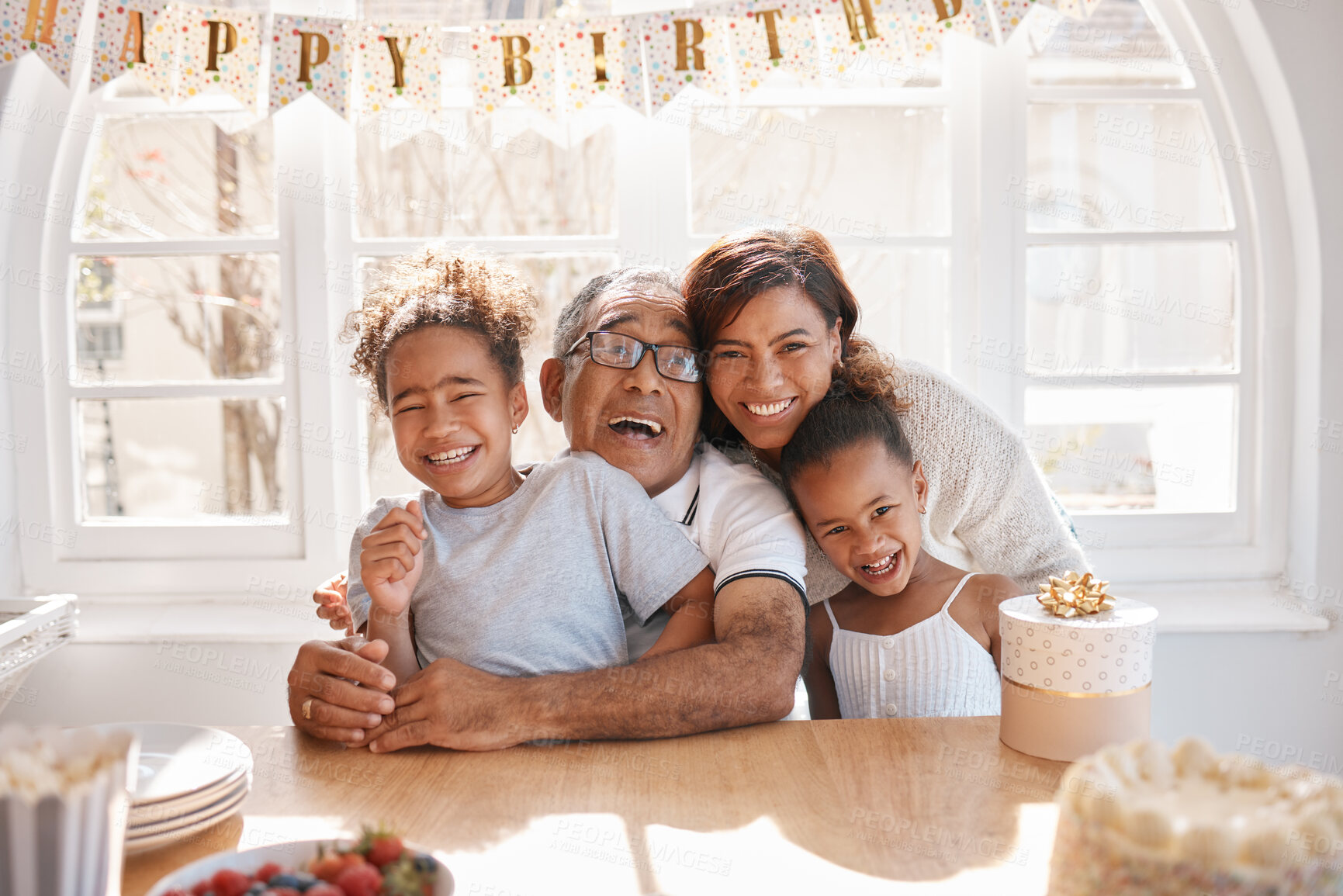 Buy stock photo Happy birthday, celebration and senior family with love, hug and care of children on special day or party at home. Portrait of excited grandfather, people and kids bonding for appreciation or support