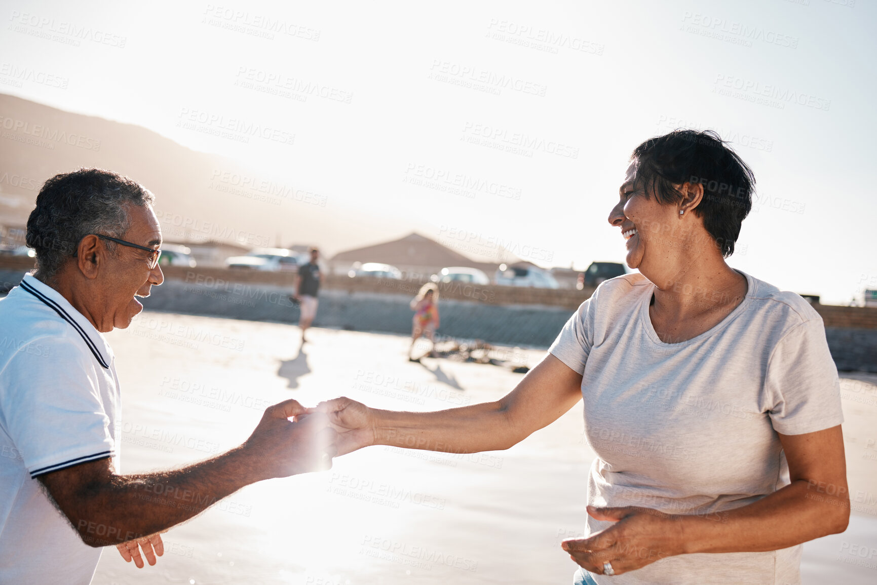 Buy stock photo Elderly couple, dancing and love in outdoor on vacation, romance and bonding for healthy marriage. Old people, happiness and holiday in nature for relationship, laughing and support in retirement